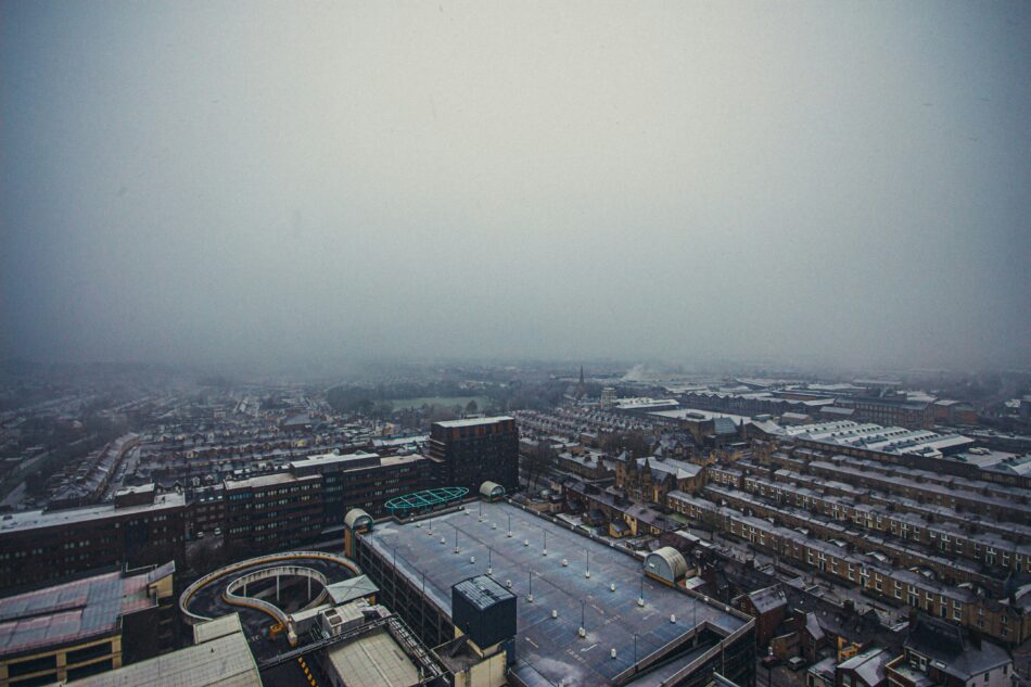 Swindon town centre in fog.