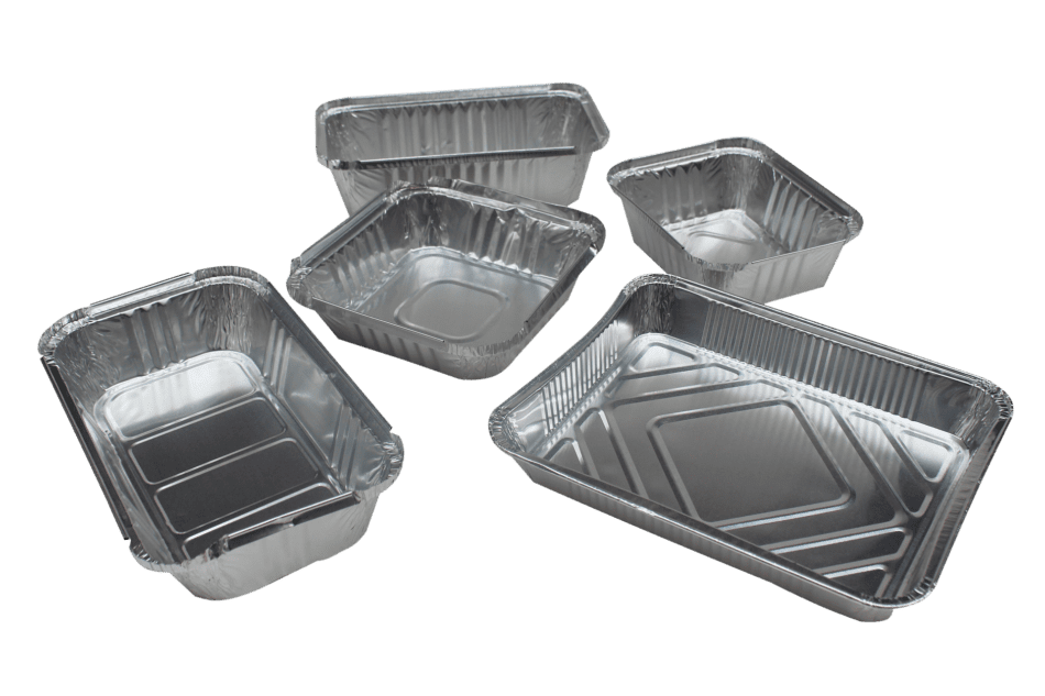 five empty aluminium foil trays.
