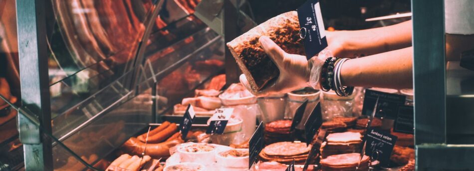 meat in a butcher's shop.