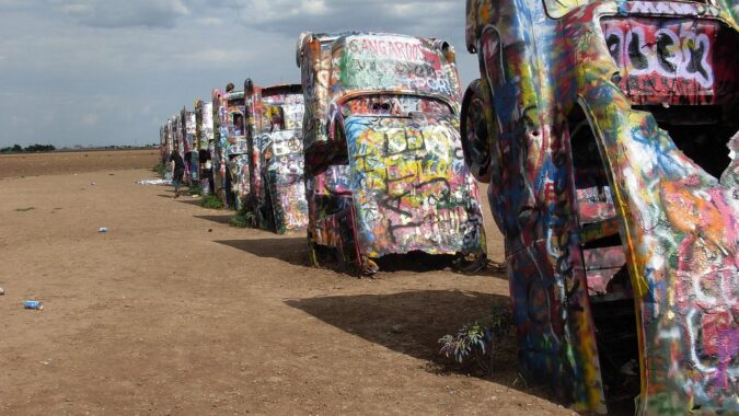 car sculpture in desert near Amarillo, Texas.