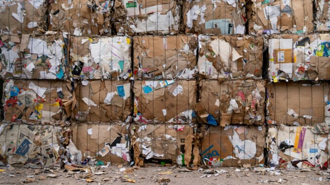 cardboard bales stacked on top of each other.