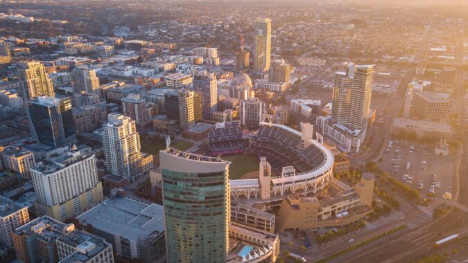 San Diego aerial view of the stadium and city.