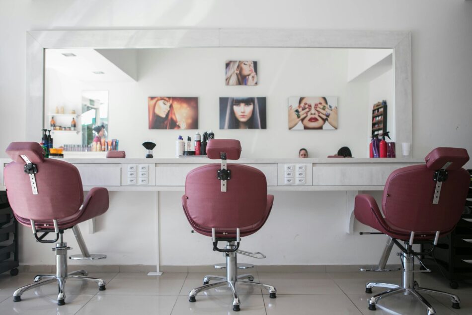 hair salon chairs and mirror.