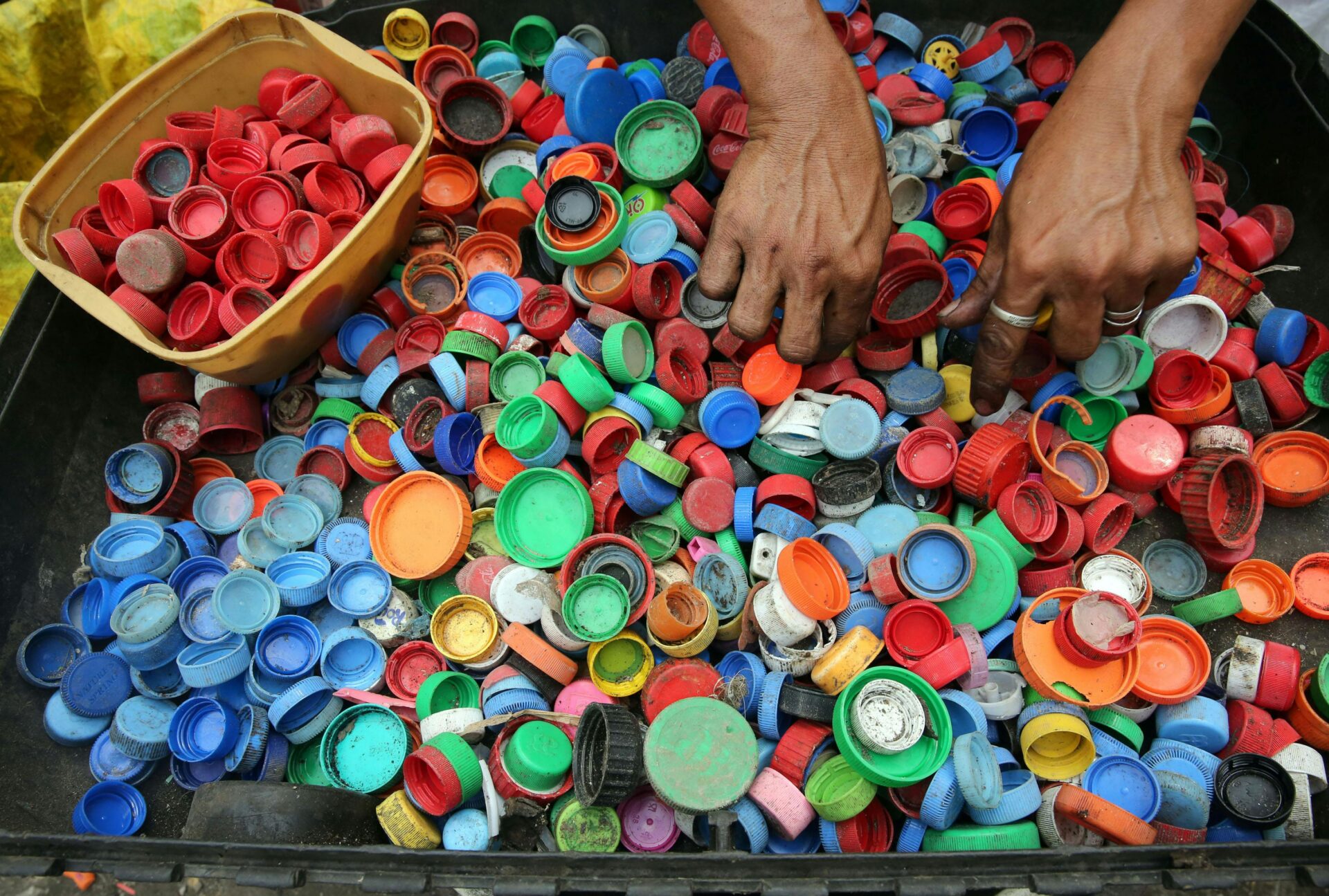 bottle caps being sorted